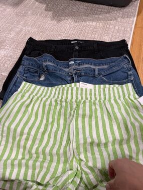 Old Navy Black and Blue Jean Shorts with Green and White Striped Shorts